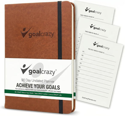 Goal Crazy Undated Planner – 90 Day Guided Journal & Productivity Organizer, A5 Daily & Weekly Planner with Goal Setting, Habit Tracker, To Do List, Academic & Work Calendar, Leather Hardcover - Black