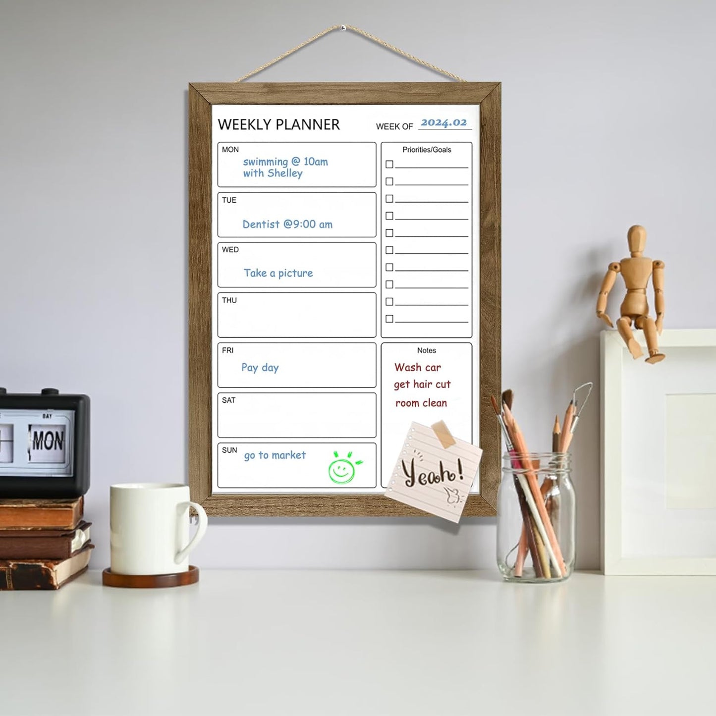 Dry Erase White Board Weekly Calendar Board, Magnetic Whiteboard for Wall,10.6“x14.7 Solid Wood Rustic Brown Framed Message Board, Planner Board for Office, Home, Schooll(Weekly-BB-RB-2737)