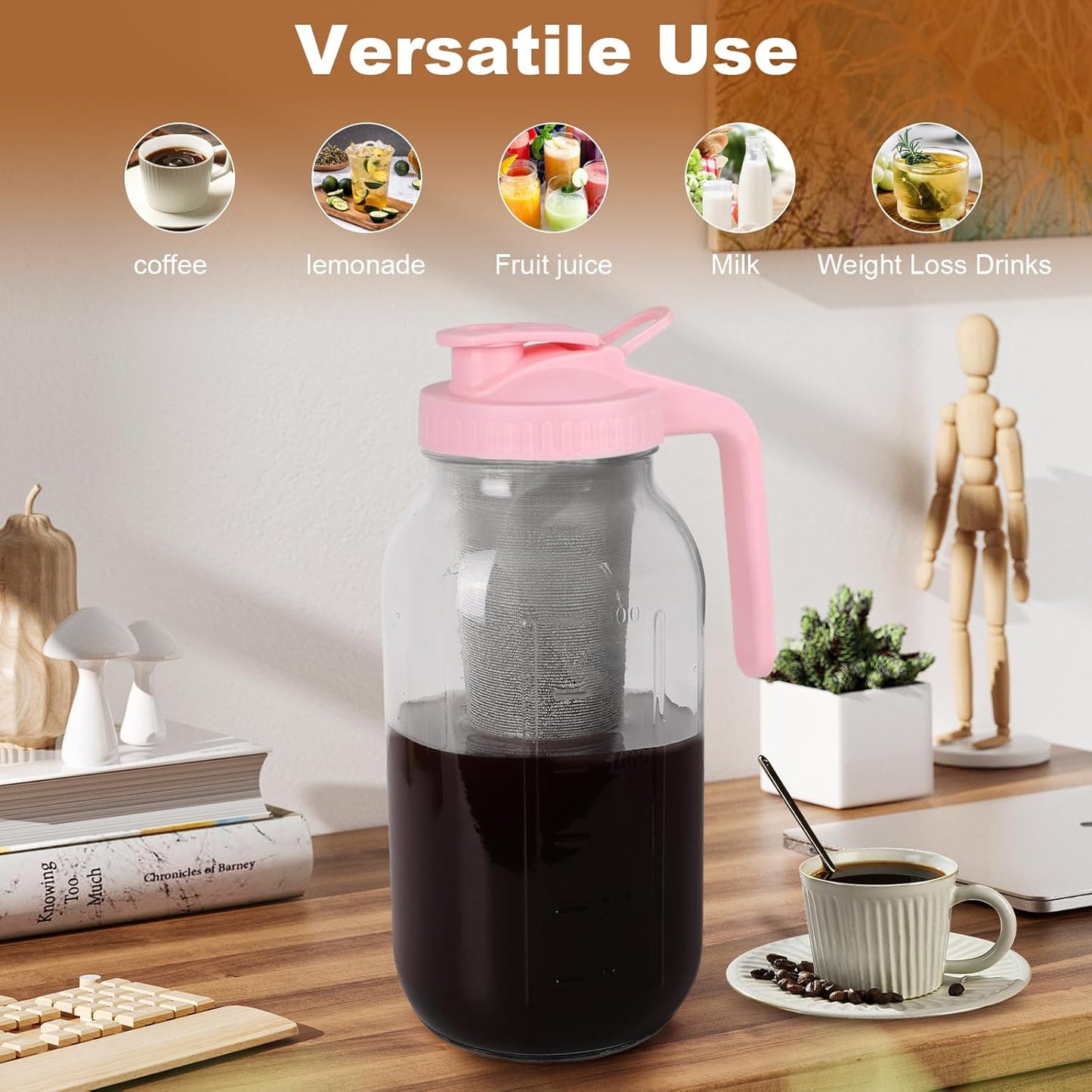 Cold Brew Coffee Maker,64 oz Mason Jar Pitcher with Stainless Steel Filter, Pour Spout Handle Lid, Heavy Duty Glass Airtight & Leak-Proof for Iced Coffee,Tea & Lemonade