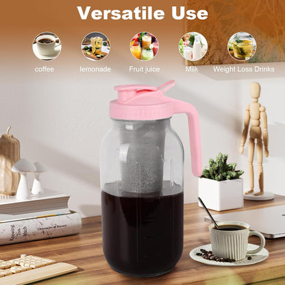 Cold Brew Coffee Maker,64 oz Mason Jar Pitcher with Stainless Steel Filter, Pour Spout Handle Lid, Heavy Duty Glass Airtight & Leak-Proof for Iced Coffee,Tea & Lemonade