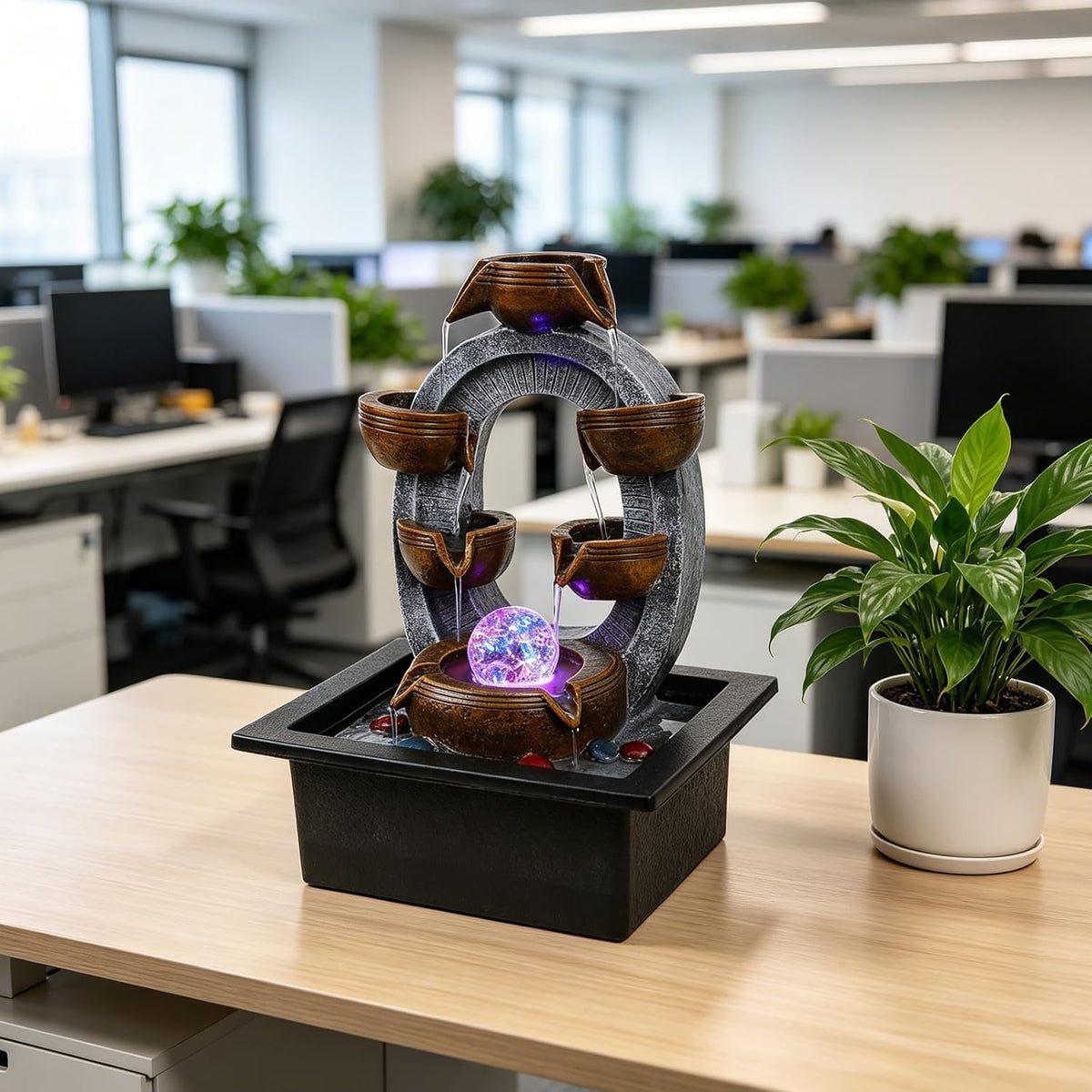 GOESWELL Water Fountain for Indoor Tabletop: Antique Bronze Fairy Statue Tabletop Waterfall with Rotating Crystal Ball for Desk - Small Zen Meditation Decor for Home Office Bedroom Relaxation