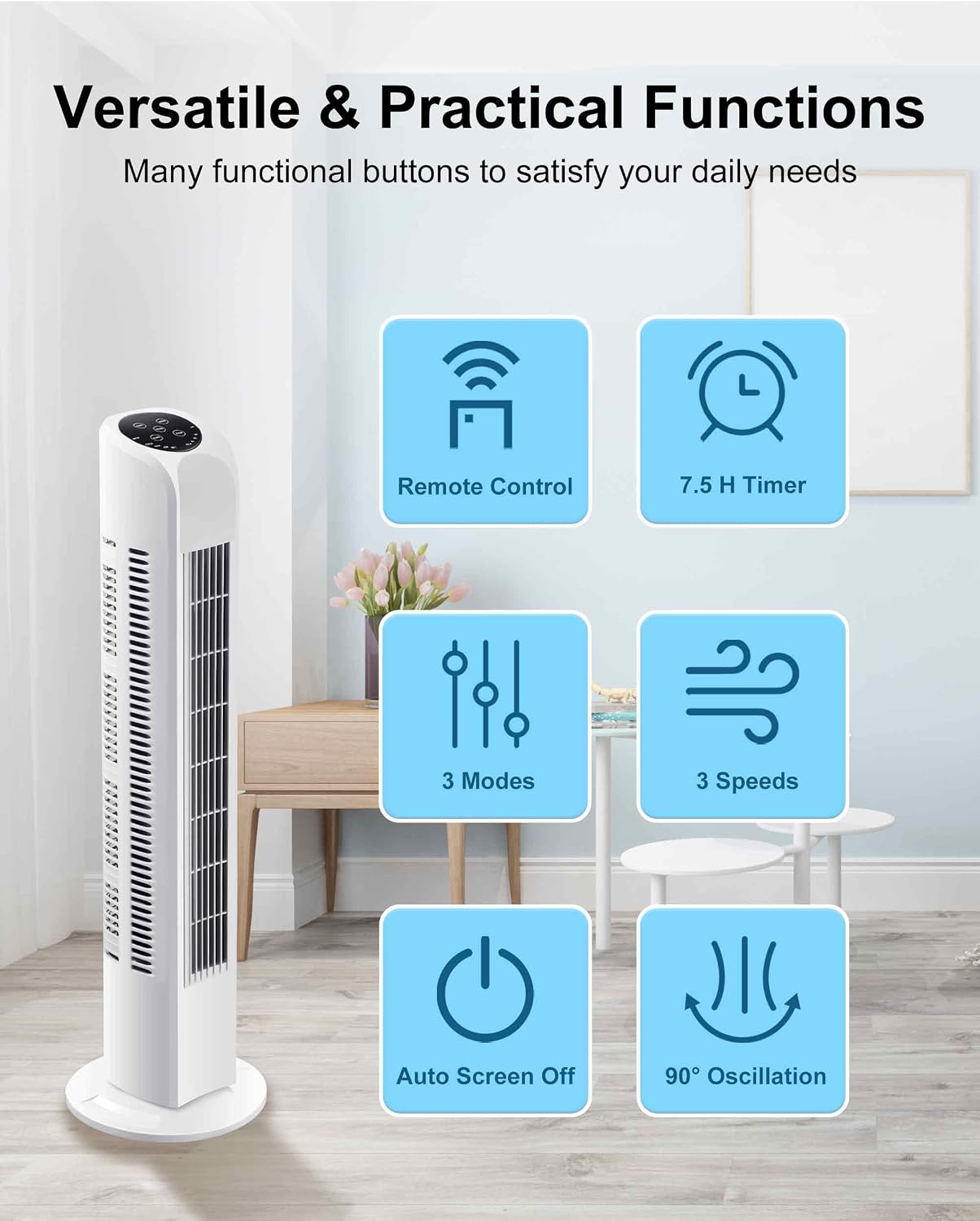 Uthfy Oscillating Tower Fan for Bedroom, Portable Standing Fan with Remote, 3 Modes 3 Speeds, 7.5H Timer, 120° Quiet Cooling for Living room, Office, Black