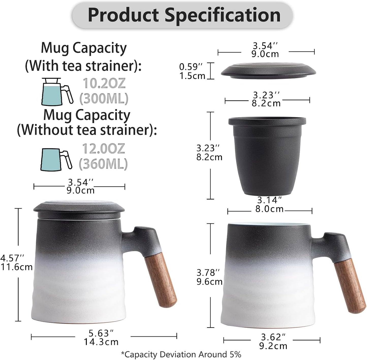 ZENS Embossed Ceramic Tea Mug with Infuser and Lid, 14.5 oz Wooden Handle, Loose Leaf Tea Steeper Cup & Strainer for Tea Lovers Gifts