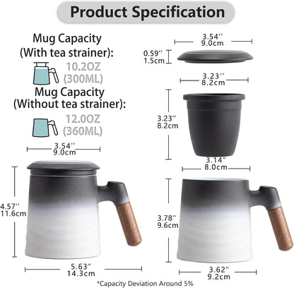 ZENS Embossed Ceramic Tea Mug with Infuser and Lid, 14.5 oz Wooden Handle, Loose Leaf Tea Steeper Cup & Strainer for Tea Lovers Gifts