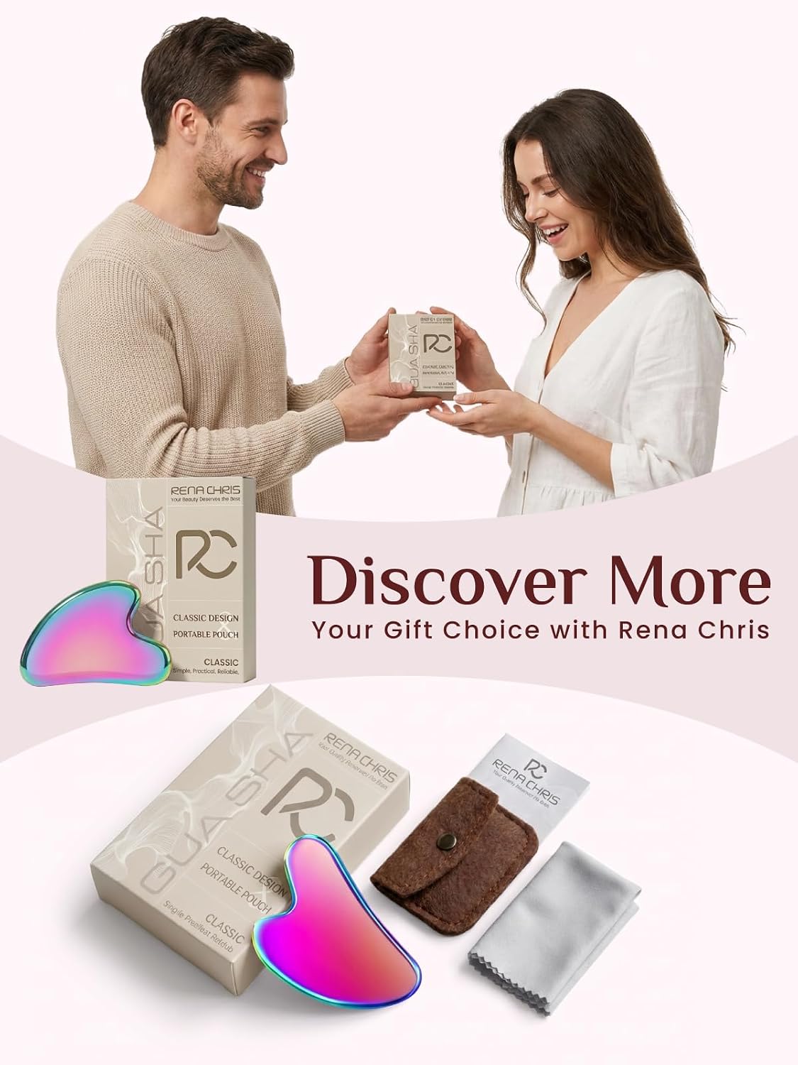 Rena Chris Gua Sha Facial Tools, Stainless Steel Guasha Tool for Acupuncture, Manual Massage Tool for Jawline Sculpting and Puffiness Reducing, Gua Sha Facial Massage Tool, Skin-Care Gift (Silver)