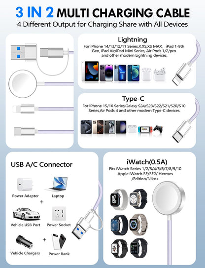 Travel Essentials for Apple Watch Charger,3-in-2 Multi Charging Cable