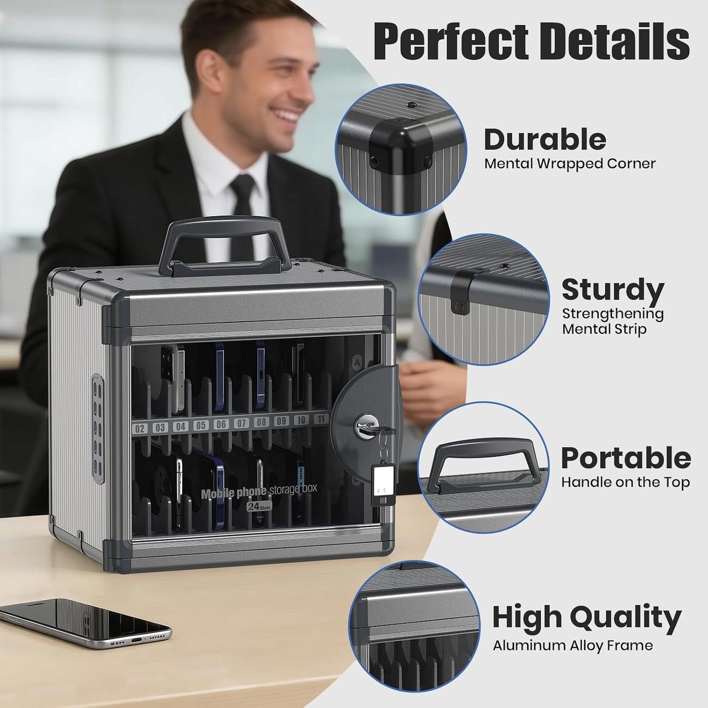 36 Slots Cell Phone Locker for Classroom with Key, Portable Mobile Phone Storage Box with Handle & Charging Hole, Phone Lock Box Wall Mounted for School (Black, 36 Slots)