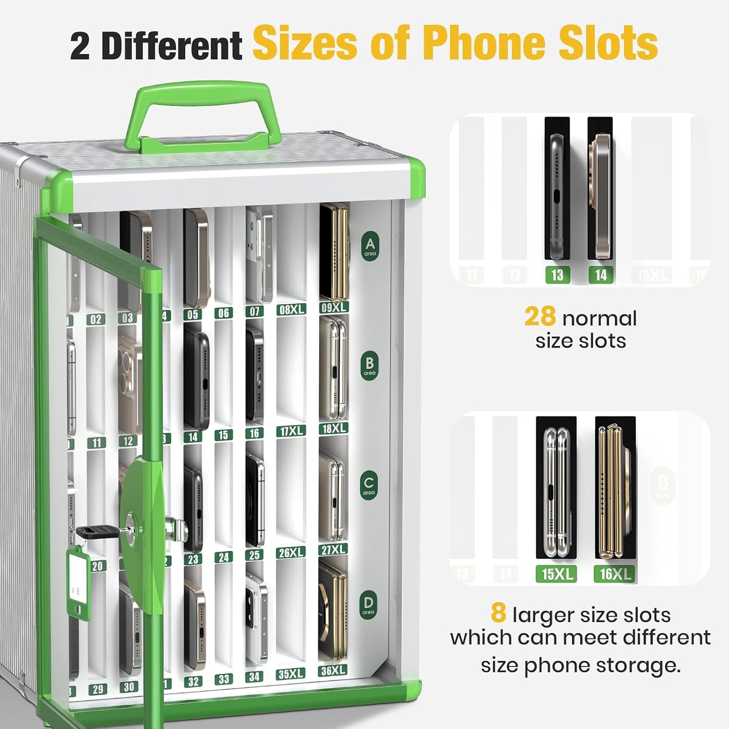 Glosen 24 Slots Cell Phone Locker, Portable Phone Storage Cabinet [Wall Mounted] [Aluminum Alloy] Cellphone Lock Box with Key & Handle for School Classroom Office Exam (Black)