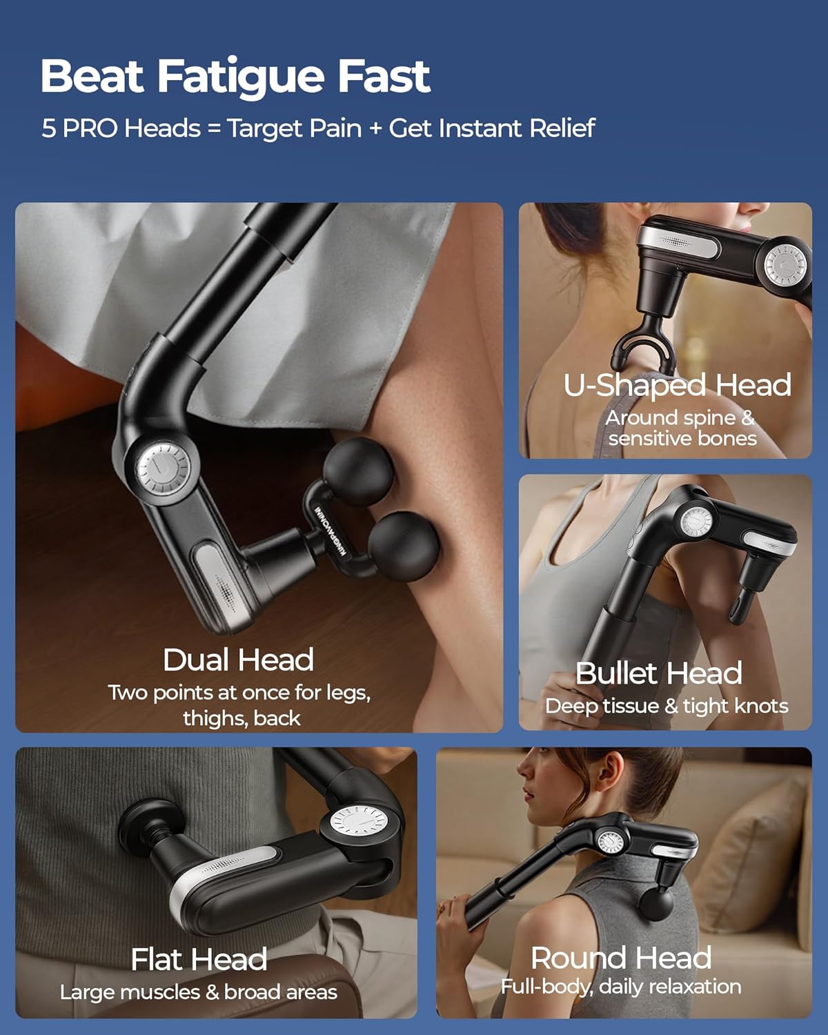 KingPavonini Foldable Massage Gun with Dual-Ball Head, Adjustable Head & Extendable Handle, Handheld Back Massage Gun Deep Tissue for Pain Relief, Portable Percussion Massager Gun, Gift for Men Women