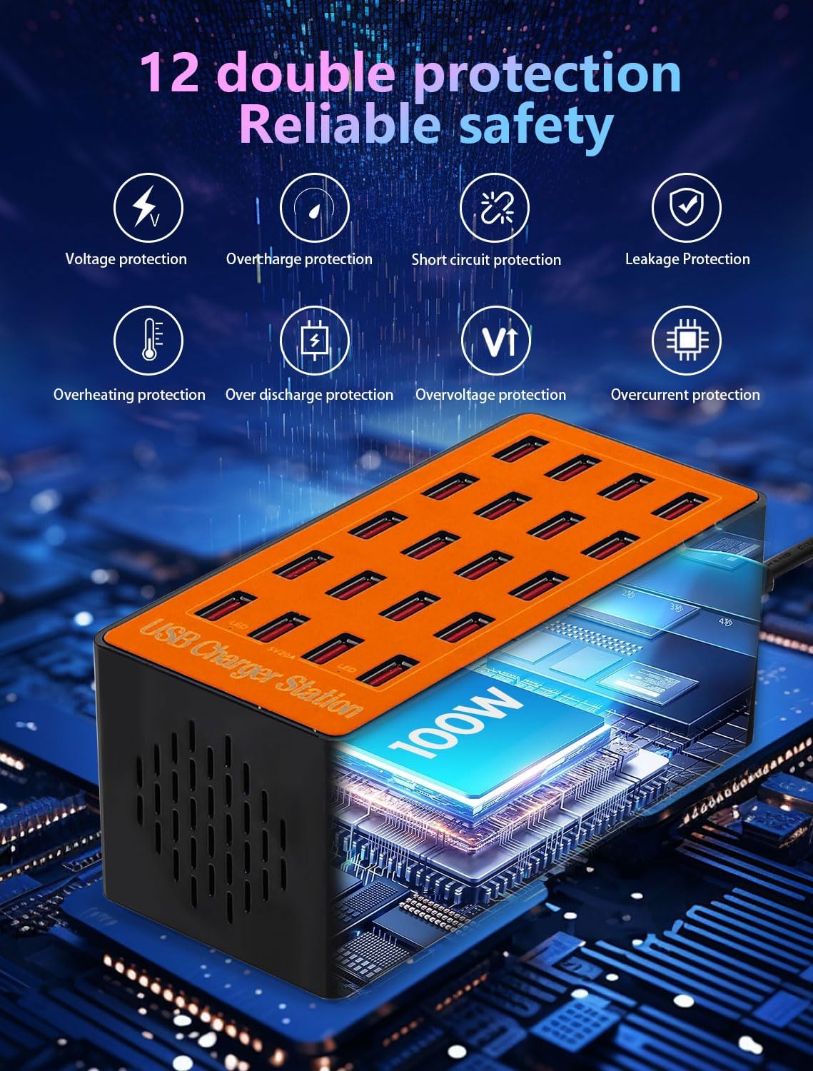 USB Charging Station,100W 20-Port Multi Smart Safety Fast Charger Station for Phone Tablet Watch Headphone PS, Compact Desktop Charger Home Office Travel