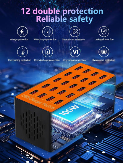 USB Charging Station,100W 20-Port Multi Smart Safety Fast Charger Station for Phone Tablet Watch Headphone PS, Compact Desktop Charger Home Office Travel