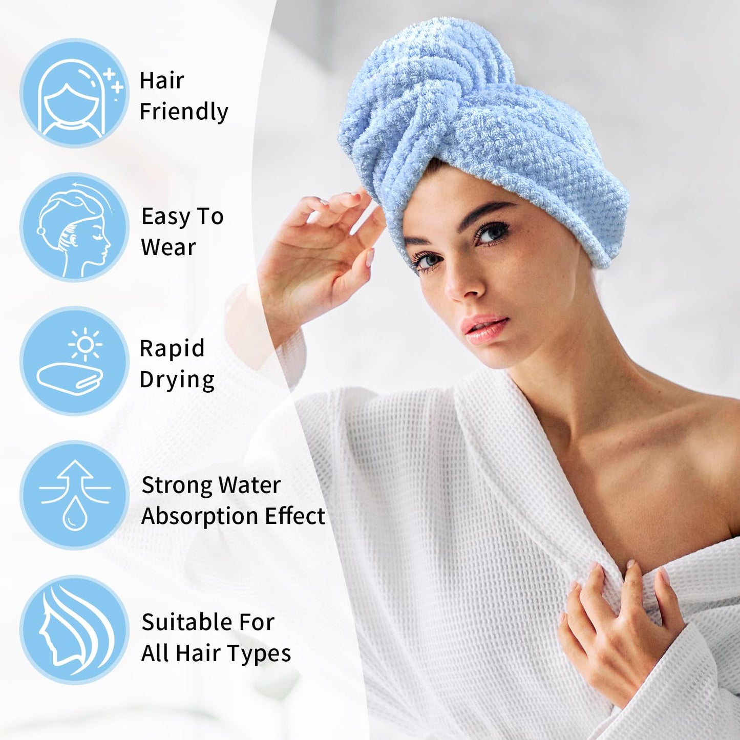 my novel things 3 Pack Hair Towel Wrap for Women, 25.4" x 9.8" Microfiber Towels, Super Absorbent Quick Dry with Button for Curly Hair Anti Frizz (Pink,White,Purple) Gift for Women Girls