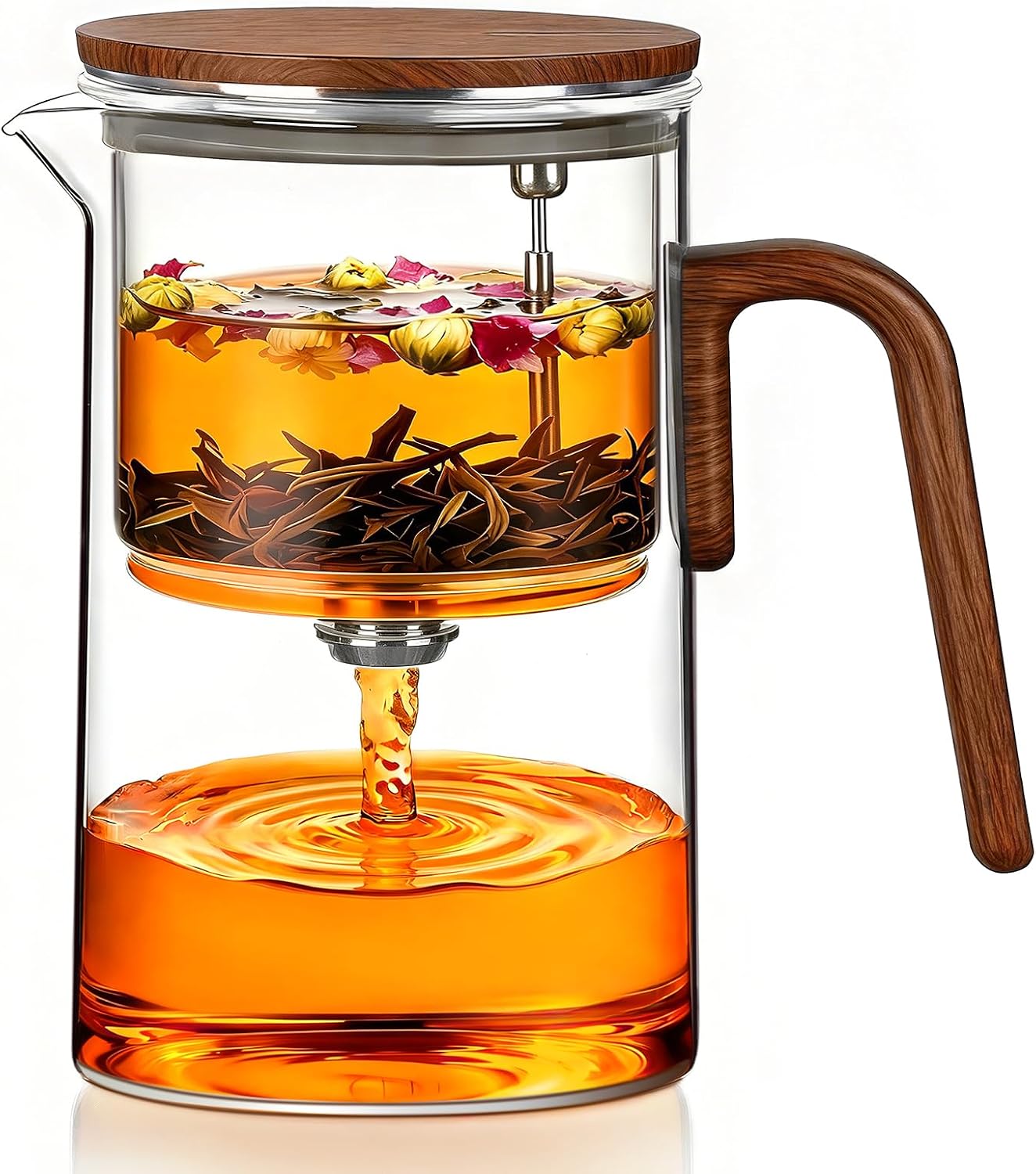 ZENS Magnetic Tea Pot, Enchanted Glass Teapot with Infuser and Magnetic Suction Lid for Mess-Free Loose Tea Diffusers, Walnut Wood Handle, Tea Lovers Gifts