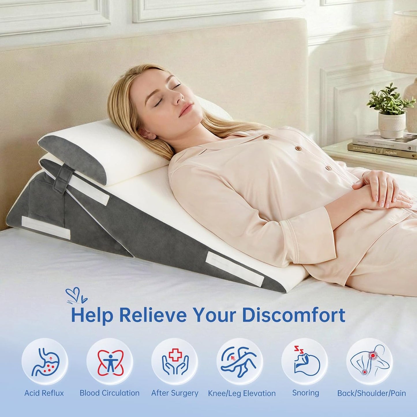 Vekkia 34" Extra-Long Wedge Pillow, Back & Arm Support, Bed Wedge Pillow for Sleeping After Surgery, Acid Reflux, Snoring Relief, Removable Washable Cover & Double Side Pockets, 5.5" Height, Gray