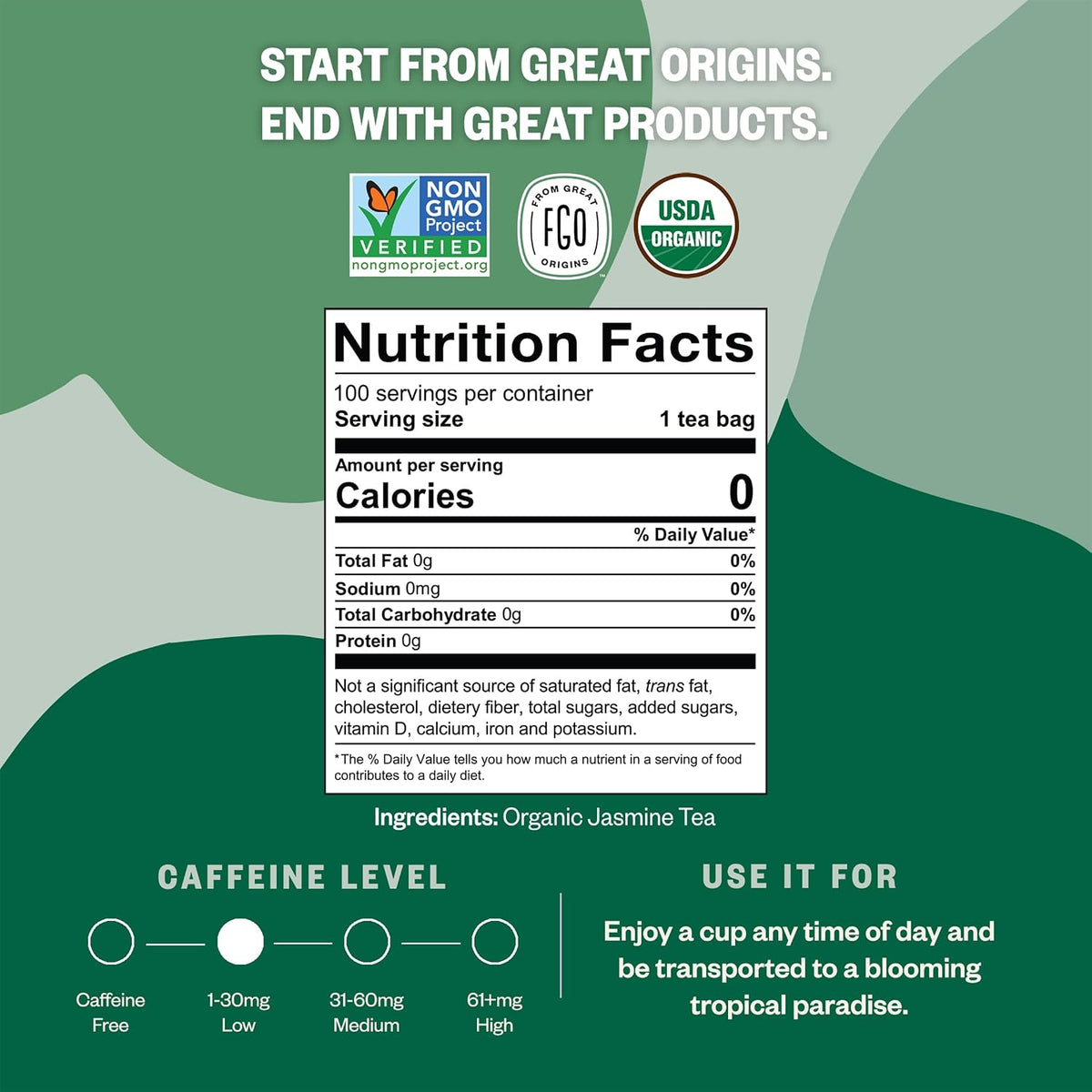 FGO Organic Jasmine Green Tea, 100 Count, Eco-Conscious Tea Bags, Resealable Bag, Packaging May Vary (Pack of 1)