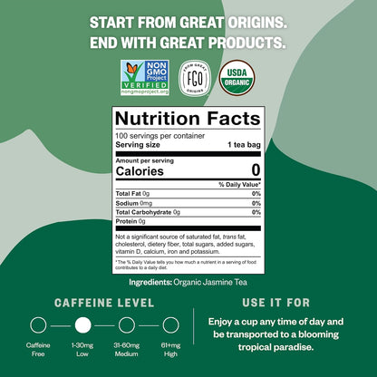 FGO Organic Jasmine Green Tea, 100 Count, Eco-Conscious Tea Bags, Resealable Bag, Packaging May Vary (Pack of 1)