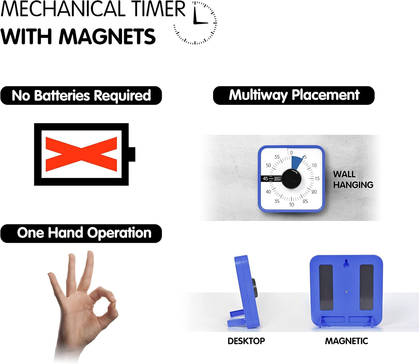 Visual Timer 7.5 inch; 60 Minute 1 Hour Countdown Timer for Kids Classroom Teaching Tool Home Office Meeting, Mechanical Countdown Clock for Exam Time Management Magnetic, Navy Blue with Colorful Disc