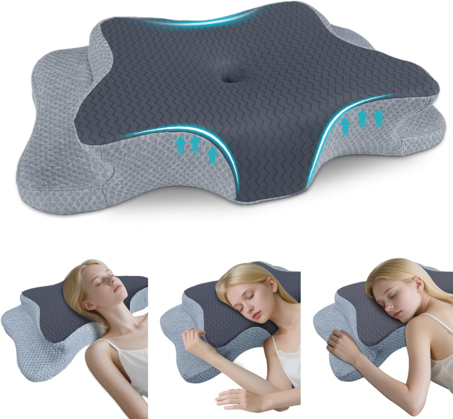 CHxxy Cervical Neck Pillow for Pain Relief Sleeping, Memory Foam Pillows, Ergonomic Side Sleeper Pillows, Cooling Orthopedic Neck Support Pillow for Back Stomach Sleepers-Queen Size Grey&Grey