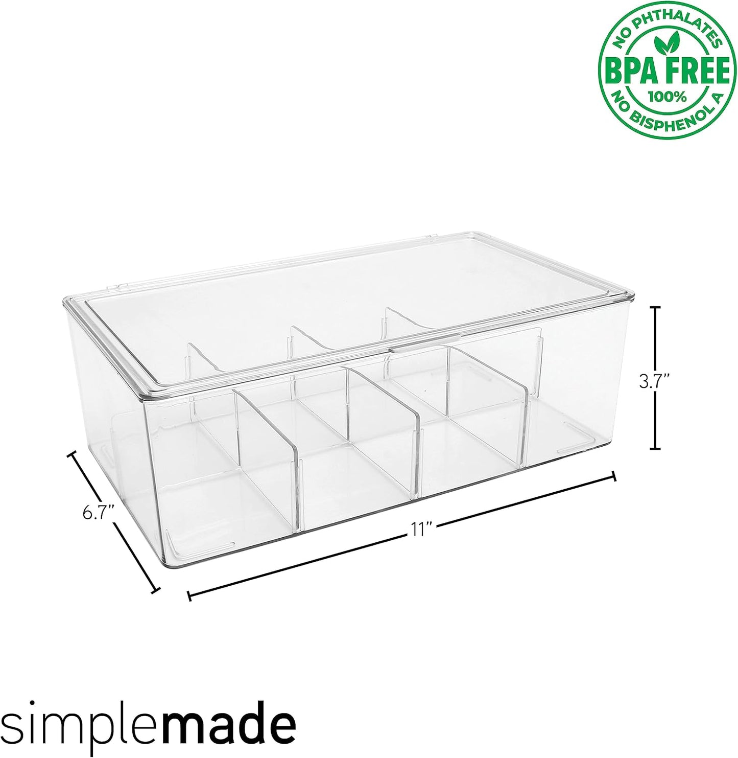 SIMPLEMADE 2 Pk Clear Tea Bag Organizer - Tea Box Divided Storage Container Box with Hinge Lid for Kitchen Cabinet, Countertop, Pantry, Hold Coffee Pods, Seasoning Packets, Condiments (Set of 2)