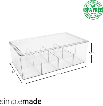 SIMPLEMADE 2 Pk Clear Tea Bag Organizer - Tea Box Divided Storage Container Box with Hinge Lid for Kitchen Cabinet, Countertop, Pantry, Hold Coffee Pods, Seasoning Packets, Condiments (Set of 2)