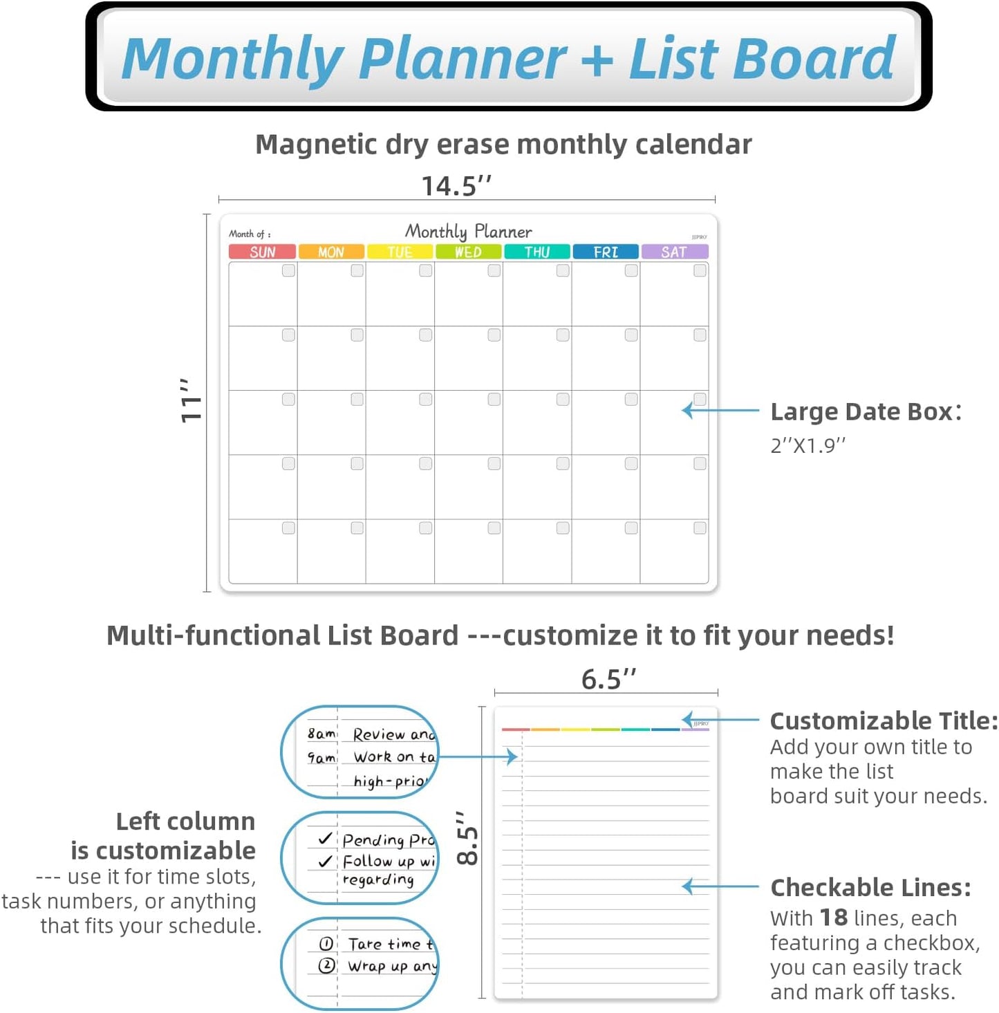 JJPRO Magnetic Monthly Calendar Whiteboard Set for Fridge-Monthly Planning Board and Two Bonus Dry Erase Grocery Board&Weekly Menu Board-Meal Planner Whiteboard/to-Do List-6 Markers