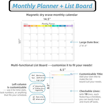 JJPRO Magnetic Monthly Calendar Whiteboard Set for Fridge-Monthly Planning Board and Two Bonus Dry Erase Grocery Board&Weekly Menu Board-Meal Planner Whiteboard/to-Do List-6 Markers