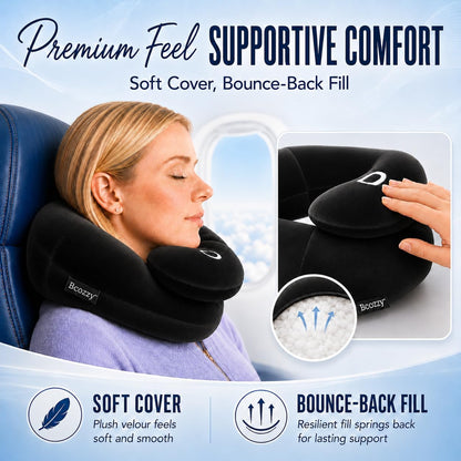 BCOZZY Travel Neck Pillow for Airplane – Patented Double Support for Head, Neck, and Chin. Best for Long Flights, Plane Sleeping, and Car Rides. Adjustable Size. Fully Washable. Carry Bag. Large, Gray