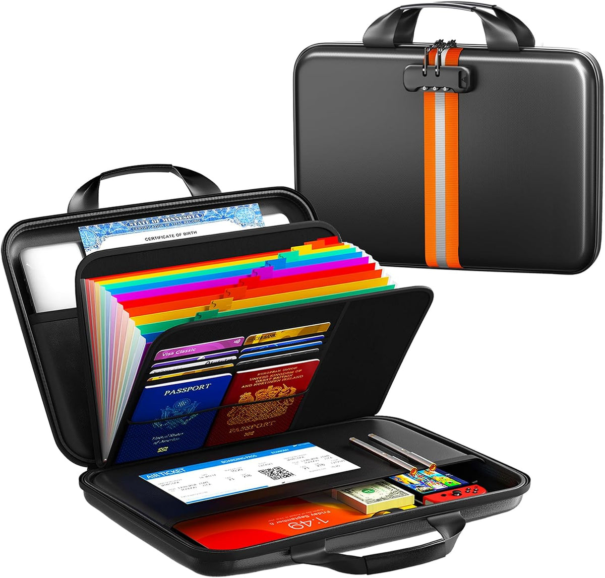Fireproof Document Organizer with Lock, Semi-Rigid EVA Shell File Box with 13-Pocket Accordion Folder, Water-Resistant Storage for Important Documents, Passports & Certificates