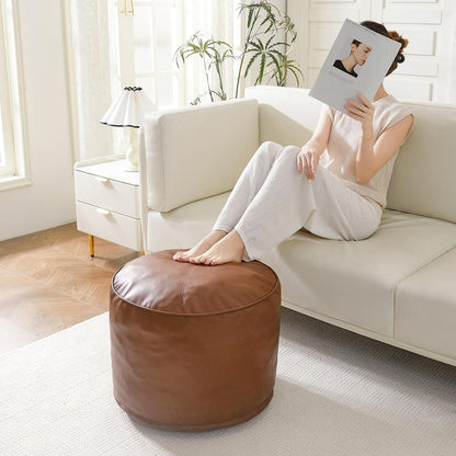 HIGOGOGO Round Stuffed Pouf Ottoman, Pu Leather Poufs with Foam Chunk Filling, Furry and Fluffy Pouf Foot Stool Storage Ottoman, 20 X 15 Floor Poufs Foot Rest for Living Room,Dark Brown