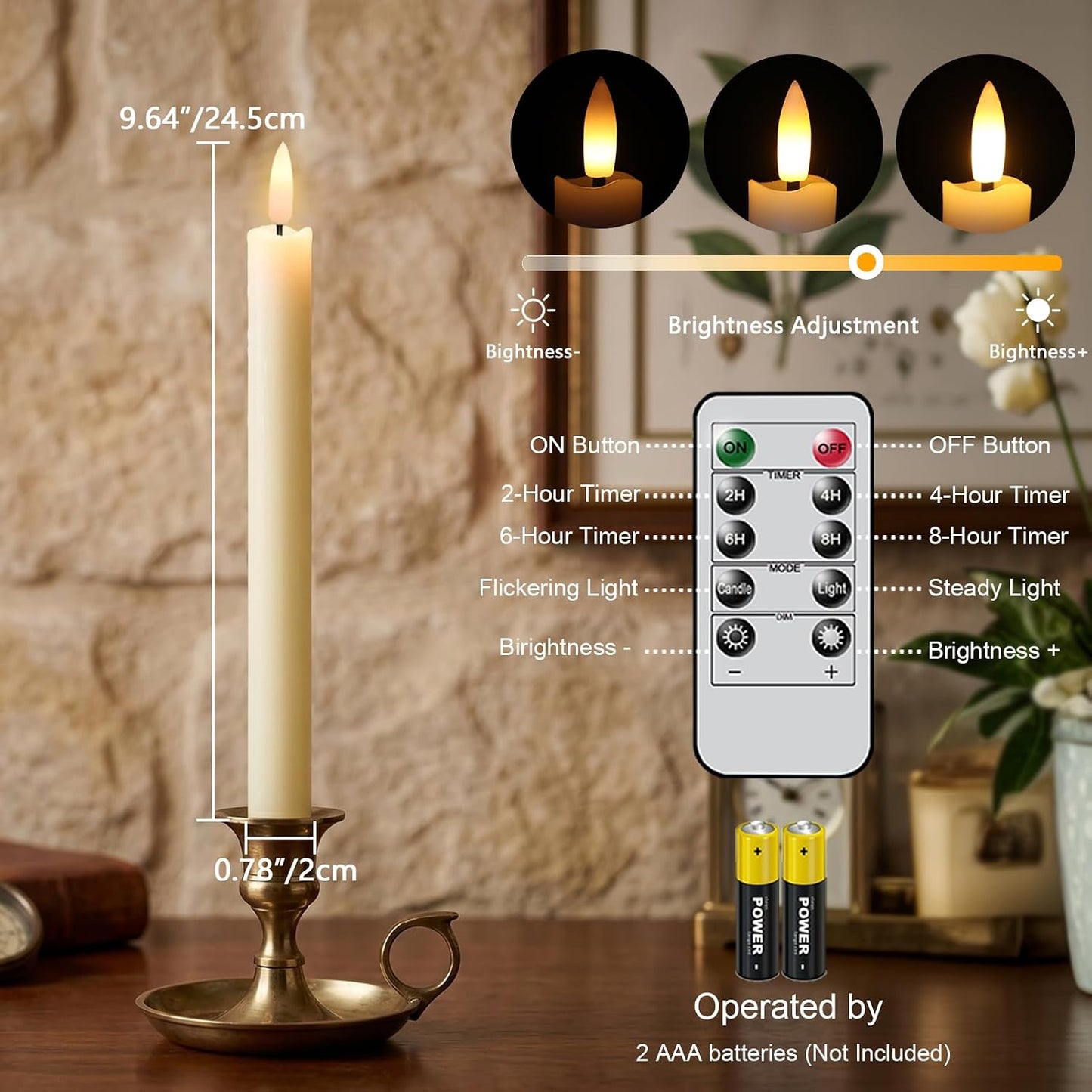 GenSwin Flameless Ivory Taper Candles Flickering with 10-Key Remote, Battery Operated Led Warm 3D Wick Light Window Candles Real Wax Pack of 6, Christmas Home Wedding Decor(0.78 X 9.64 Inch)