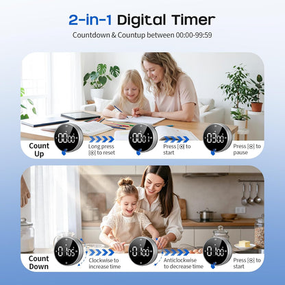 Seniny Digital Kitchen Timer with Magnetic - Visual Timer with Large LED Display, Pomodoro Classroom Timers with 3-Preset Times, Volume Adjustable, Countdown & Count Up Timers for Cooking