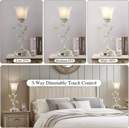 Touch Control Table Lamp with 2 USB Charging Ports, 3-Way Dimmable Bedside Nightstand Lamps, Amber Glass Shade Vintage Rural Leaf Lamp for Living Room, Bedroom, Dresser, LED Bulb Included (Bronze)