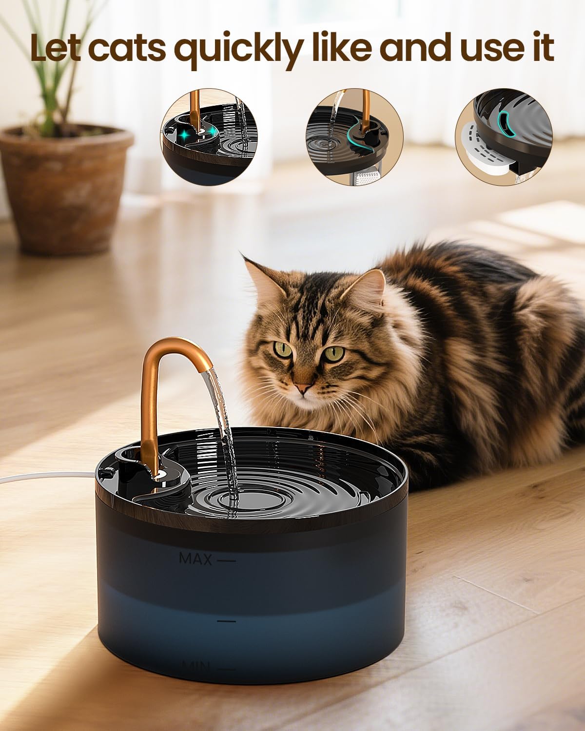 MISFANS Cat Water Fountain with 3-Pack Replaceable Filters,Copper Faucet