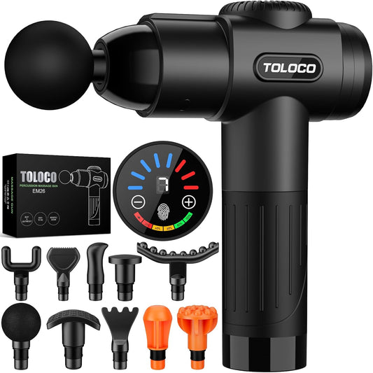 TOLOCO Massage Gun, Deep Tissue Back Massage for Athletes for Pain Relief, Percussion Massager with 10 Massages Heads & Silent Brushless Motor, Fathers Day Dad Gifts, Grey