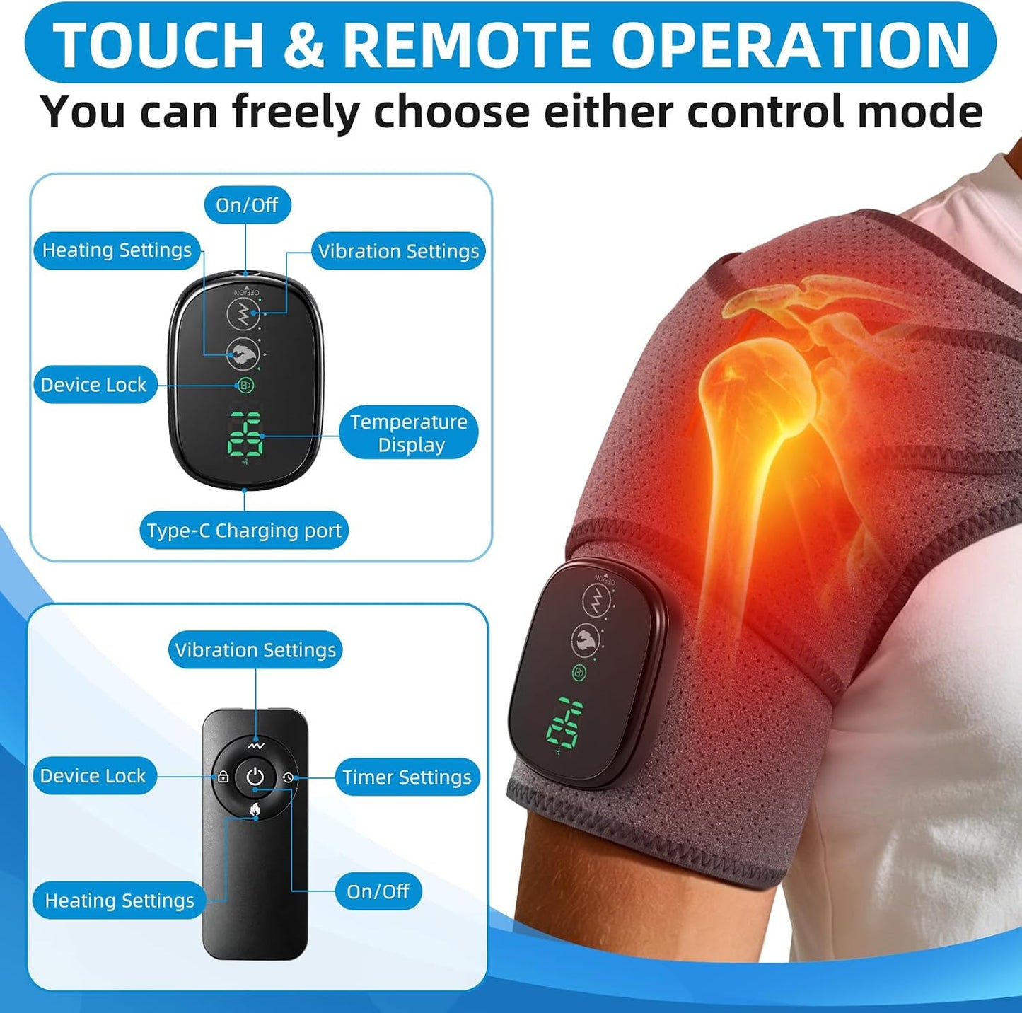 Cordless Shoulder Heating Pad with Massager, 5000mAh Rechargeable Heated Shoulder Wrap with 3 Timer,3 Vibration,3 Heat, Shoulder Brace for Rotator Cuff Pain Relief & Deep Tissue Comfort, Men & Women