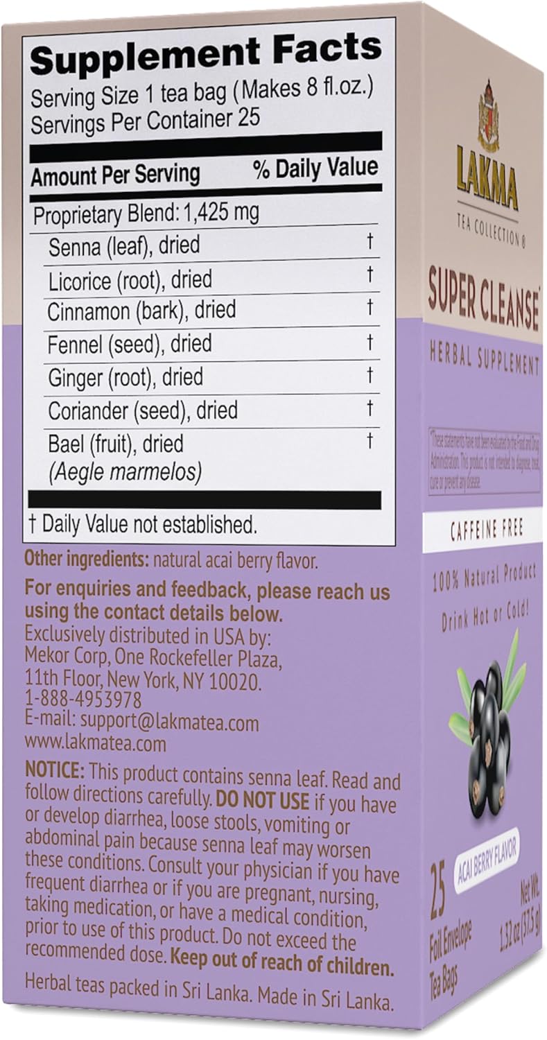 Lakma Super Cleanse Tea with Acai Berry, 100% Natural, Vegan, 25 Tea Bags