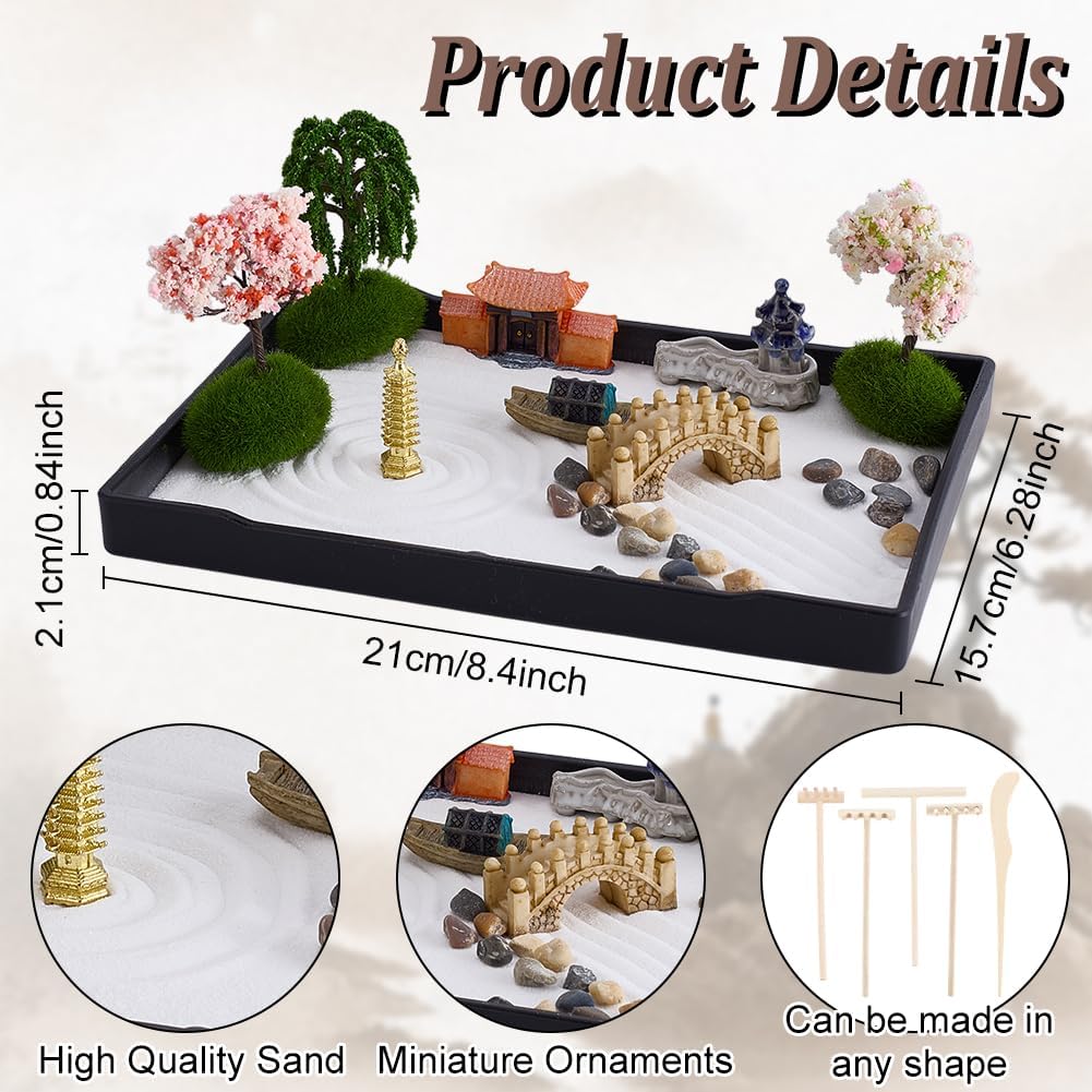 WEBEEDY Zen Garden Kit for Desk,Mini Japanese Desktop Sandbox Include Rakes,Artificial Tree,Pagoda,Bridge for Office Home Desktop Relaxation Decor,8.3x6.2/21x15.7cm Rectangular Tray