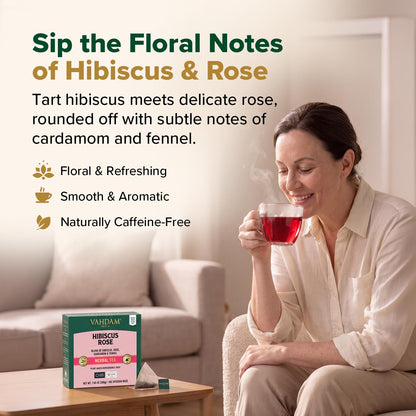 VAHDAM, Hibiscus Rose Tea Bags - 100% Whole Hibiscus Flowers Herbal Tea Bags (100 Count) With Rose, Chamomile & Exotic Spices | Caffeine Free, Floral Flavor Tisane | Resealable Ziplock Pouch