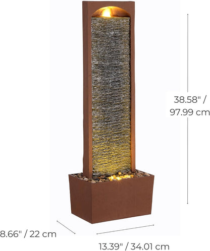 Teamson Home 38.58 in. Modern Curved Faux Slate Waterfall Fountain for Indoors or Outdoors with LED Light Accents and 1.98-Gallon Pump, Black and Stone Gray | Freestanding Floor Garden Waterfall, LED Lights, Weatherproof Polyresin, For Patio & Yard