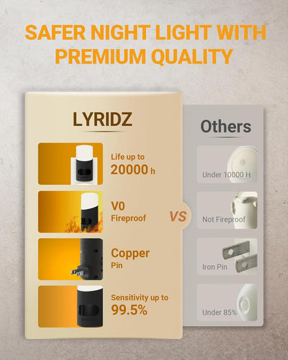 Lyridz Amber Night Light with Motion Sensor, 1-150LM Dimmable Plug-in Nightlight Indoor for Bedroom, Bathroom, Hallway, Stairs, Pet House, Toilet, 2 Pack