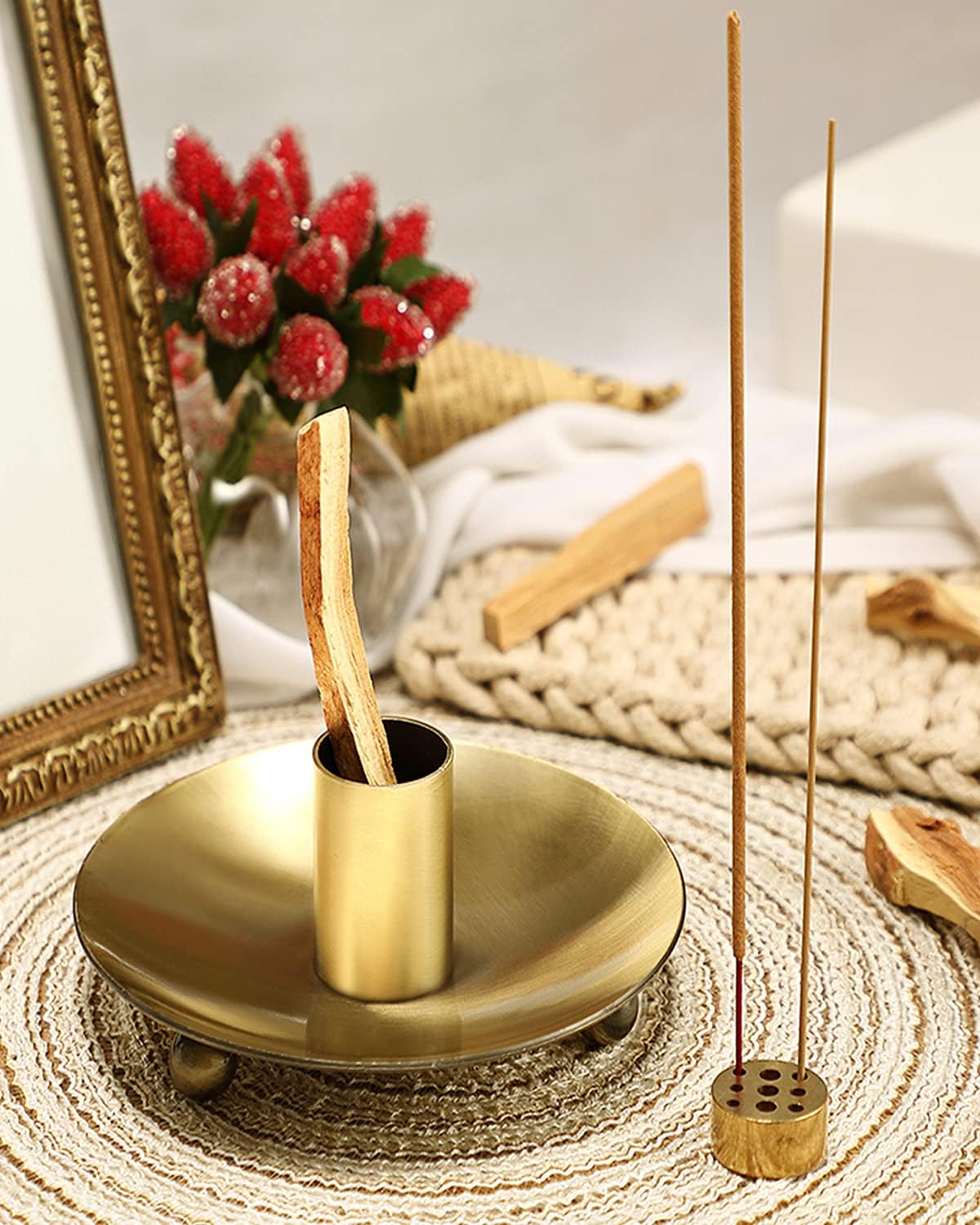 4 in 1 Incense Holder, Sage Burner Holder, Palo Santo Holder Burner, 5.47" Ash Catch Tray, Smudge Stick Holder with Handle for Incense Sticks Incense Cone, Yoga Meditation and Room Decor