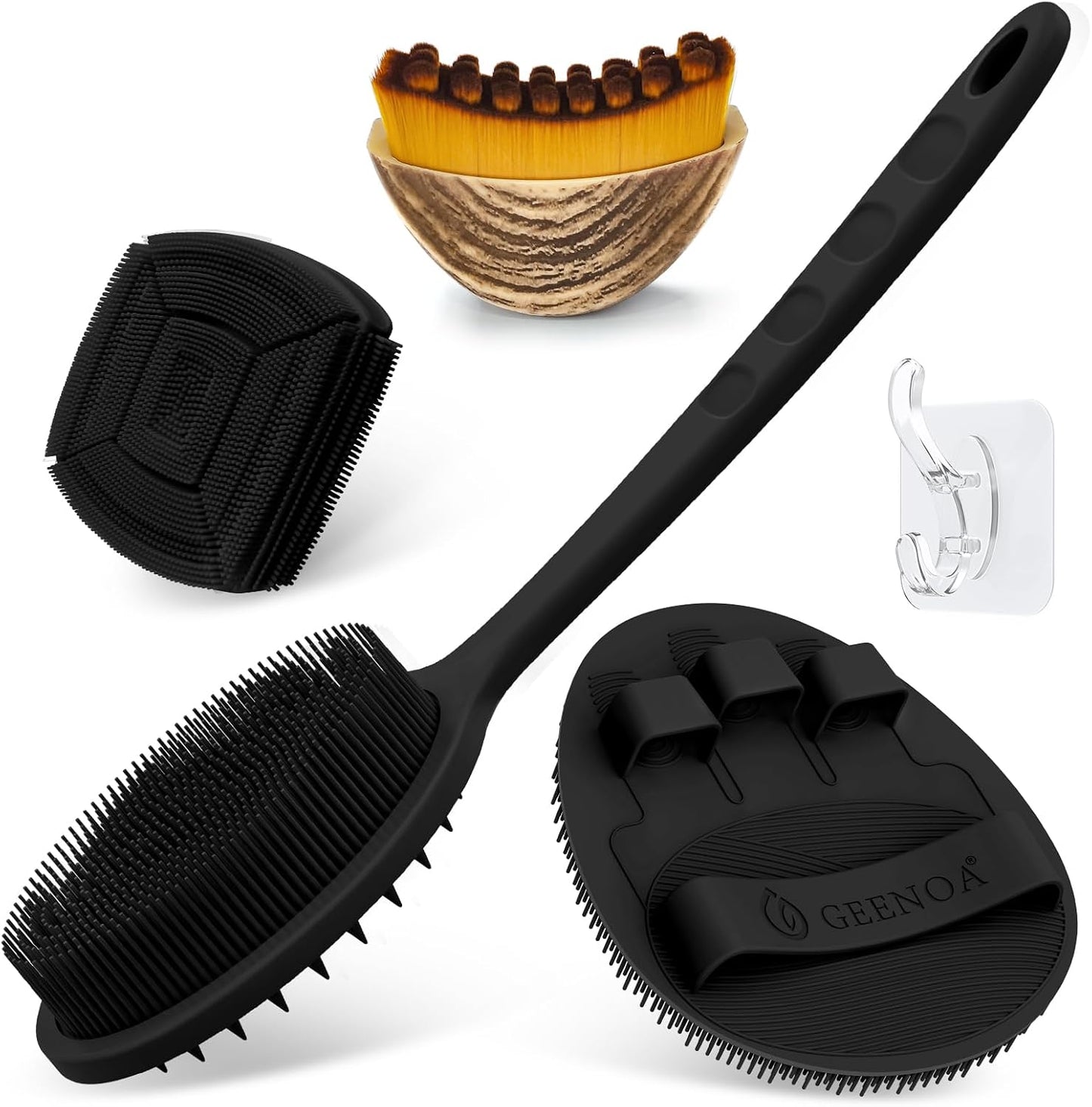 Silicone Back Scrubber & Bath Glove Set 2PCS, 13.4'' Gentle Shower Back Scrubber with Dual-Side Head Non-Slip Handle, 360° Anti-Slip Hand-fit Bath Glove for Rich Foaming Deep Cleaning(Black)