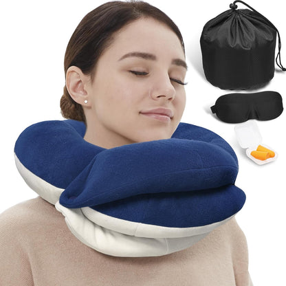 BUYUE Travel Neck Pillows for Airplanes, Memory Foam 360° Head Support Sleep for Long Flight, Skin-Friendly & Breathable, Kit with Eye Mask, Earplugs and Storage Bag (Adult, Grey, 90+ lbs)