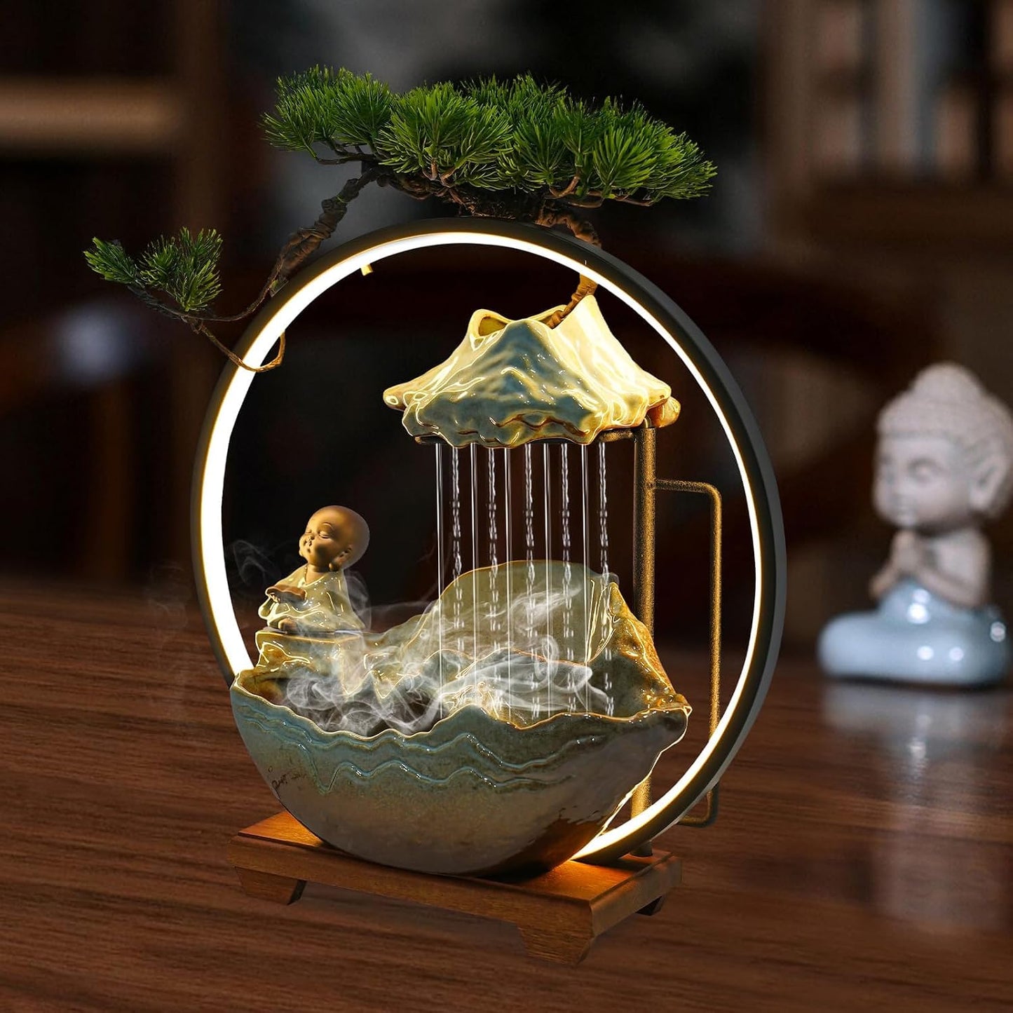 Mini Artificial Bonsai Tree Waterfall Fog Feature Rock Tabletop Fountain | 11in Desktop Decor Waterfall Fountain W/ Water Pump& Atomizer&LED Lights &Fake Tree Office Bedroom Relax