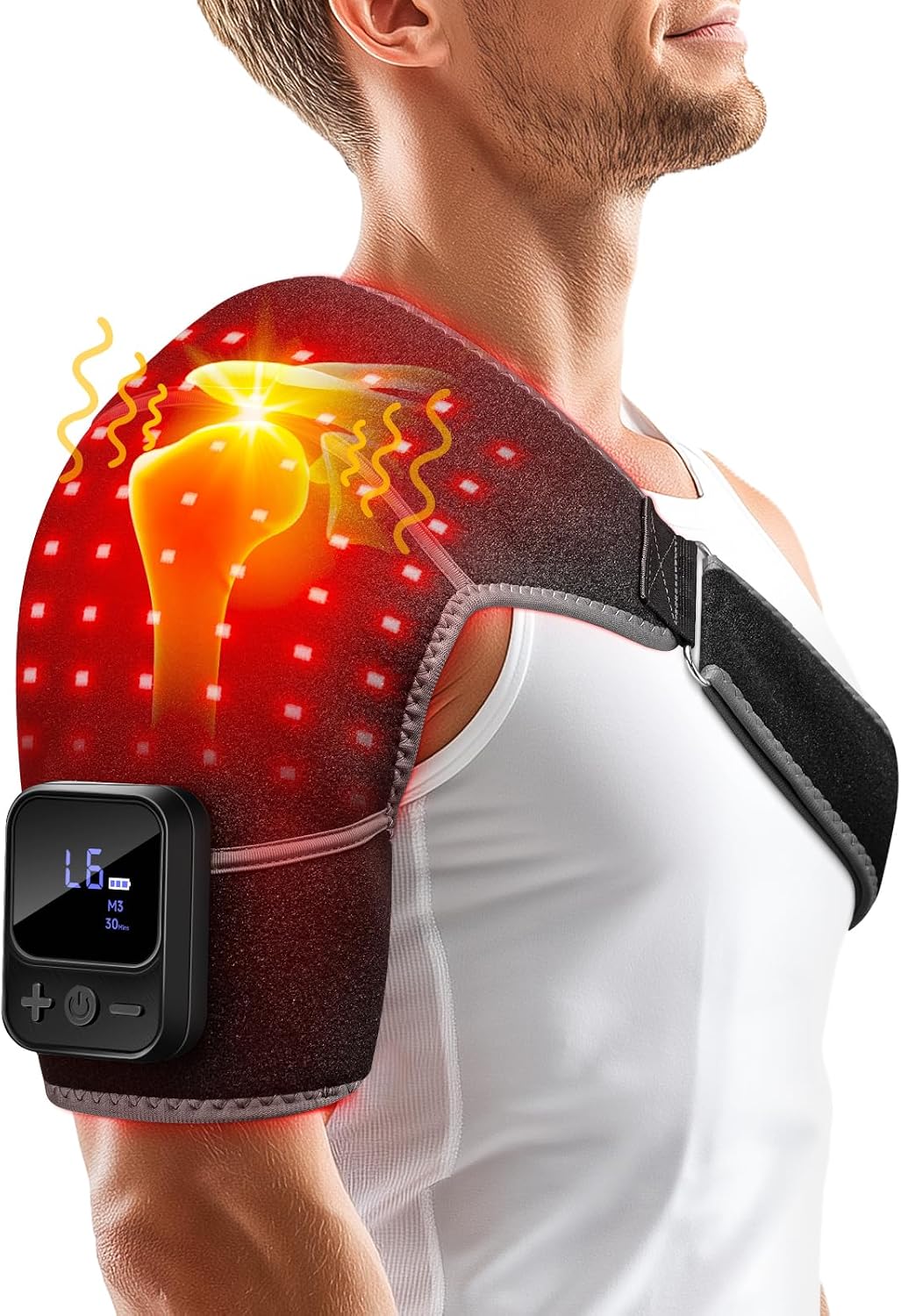 Red Light Therapy for Shoulder with Heat & Massage, 6 Modes Cord-Free Controller Infrared Light with 216 Beads 660nm & 850nm Portable Heated Shoulder Pad, Last 110-240mins