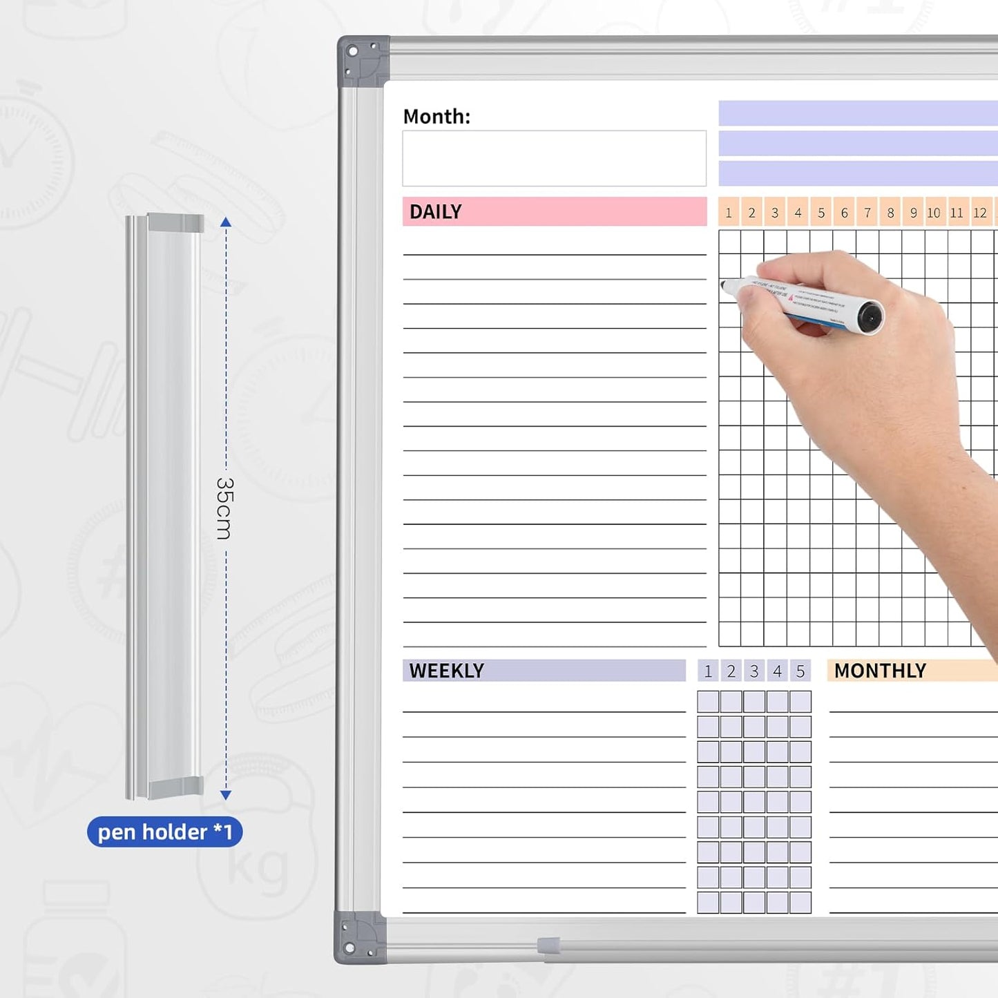Habit Tracker Dry Erase Whiteboard with Silver Aluminium Frame for Wall 12" x 16"Hanging Removable Daily Weekly and Monthly Goal and Habit Tracker Motivational Goal & Planner Journal