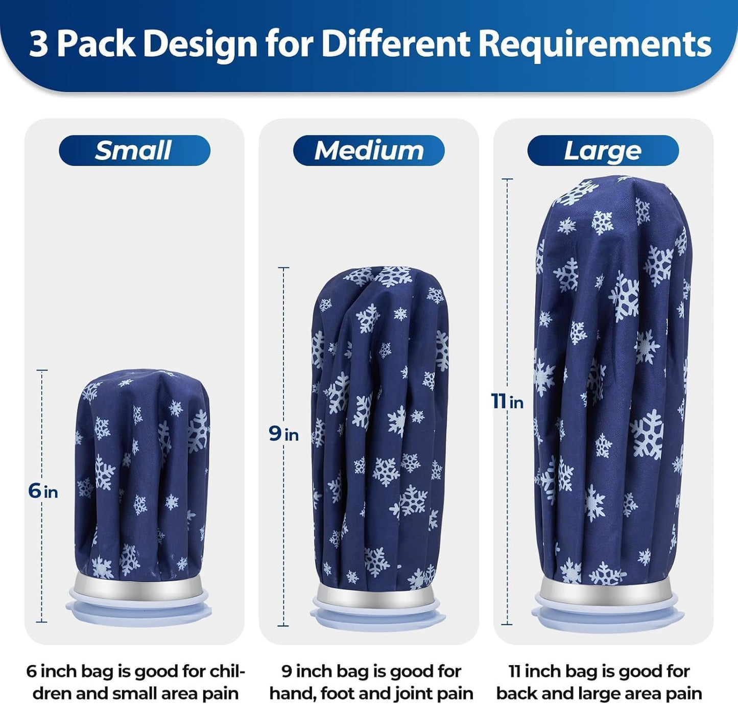 Ice Bags for Injuries Reusable: Ohuhu 3 Packs Ice Cold Packs with Wrap Ice Bag Hot Water Hot & Cold Therapy Pain Relief for Knee Leg Injury No-Leak Waterproof Ice Bags 3 Sizes 6"/9"/11", Blue