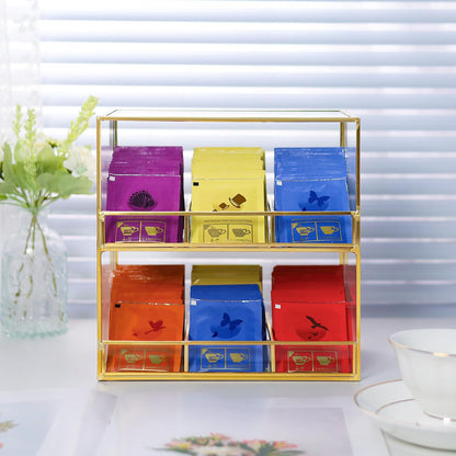 REDHUGO Glass Tea Bag Organizer for Counter, 2-Tier Teabag Organizer Storage Holder for Tea Bags, Glass Caddy Box Containers, Rack Teabag Station Stand for Cabinet Kitchen, 2-Tier, Gold