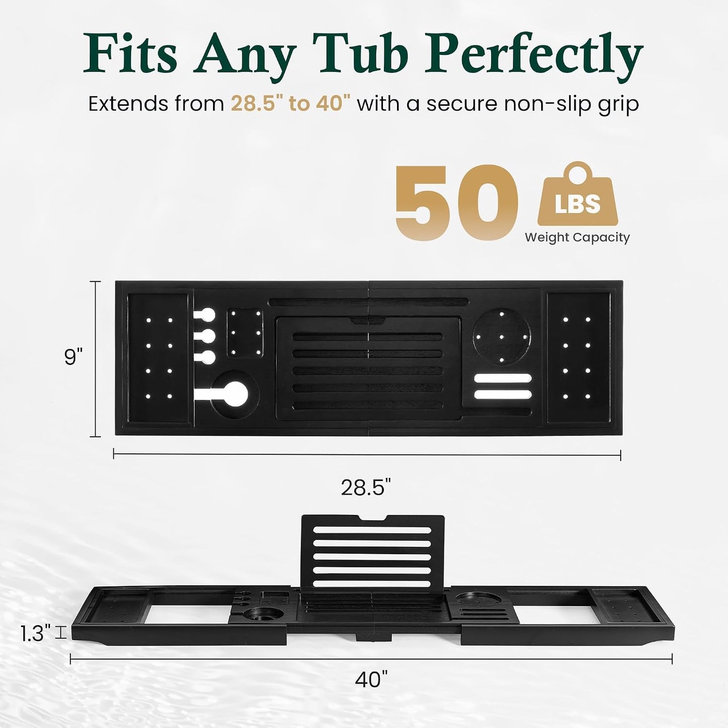 Bamboo Bathtub Tray Caddy - Splash-Proof Adjustable (28.5-40") with Wine Holder, Tablet Stand & Non-Slip Grip | Spa-Grade Organizer for Bath Essentials & Reading- Walnut