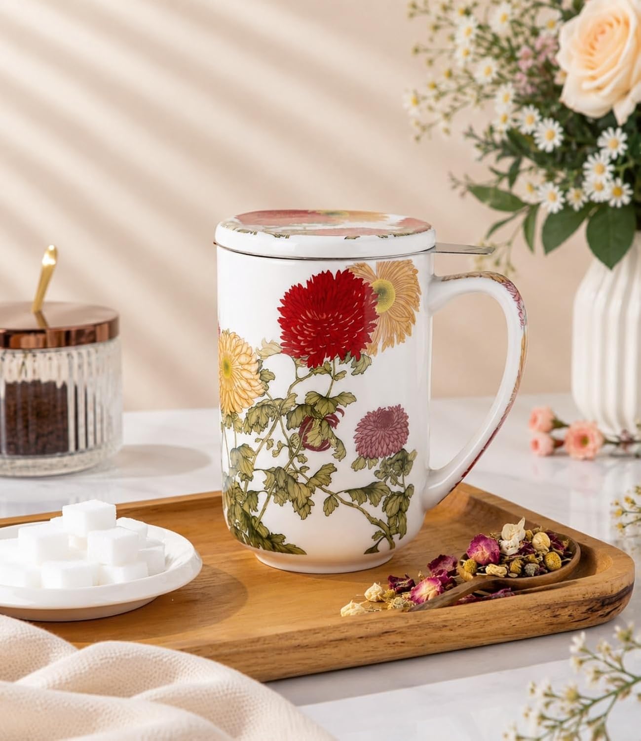 AmorArc Porcelain Tea Mug with Infuser and Lids, 18 Oz Large Cup Strainer with Bag Holder for Loose Leaf Tea, Steeping Coffee Mug for House-warming Wedding Birthday Gift